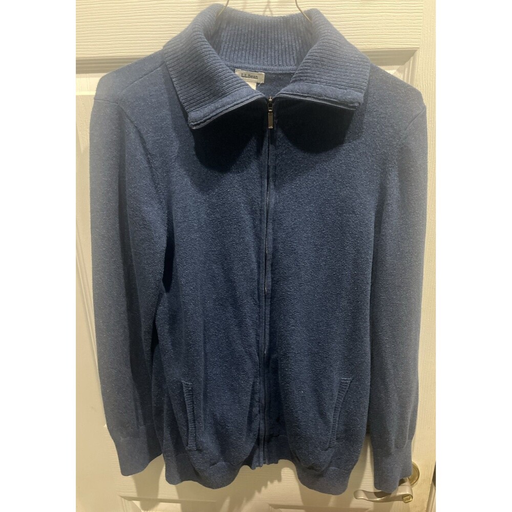 LL Bean Zip Up Cardigan Sweater Men's Small Blue Cotton Cashmere Full Zip Jacket